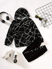 Geometric Graphic Print Boys Hooded Sweatshirt & Sweatpants Set