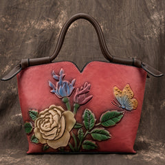 Vintage Red Leather Women's Handbag with Floral Embossing