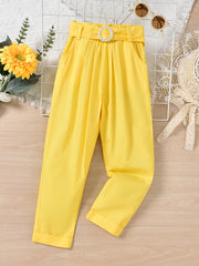 Girls Yellow Casual Trousers Elastic Waist Pocket Pants With Belt