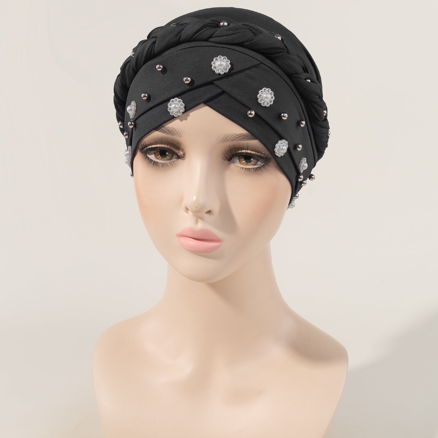 Faux Pearl Flower Turban Cap Braided Twist Head Wrap Head Scarf