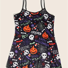 Gothic Nightdress Women's Plus Skull & Pumpkin Print Round N