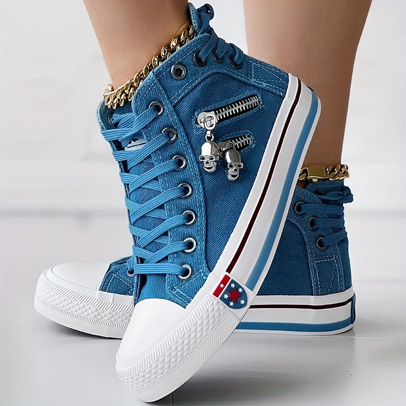 Women's Skull Zipper Denim High Top Sneakers