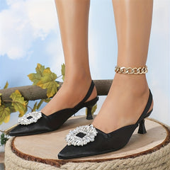 Rhinestone Kitten Heels Satin Slingback Low Heels Evening Sandals