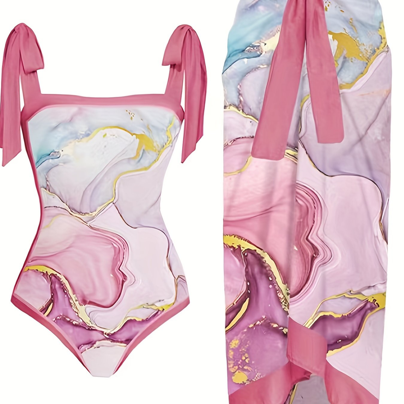Marble Print Tie Shoulder Bodysuit & Knot Skirt Bathing Suit Set