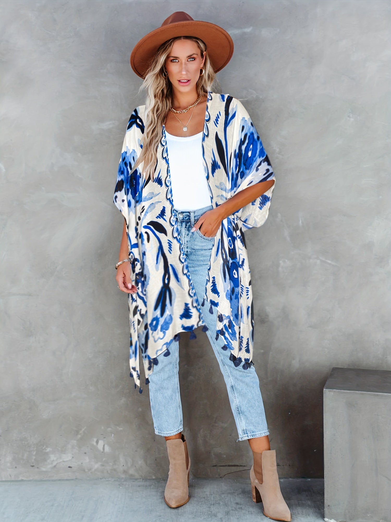 Floral Print Tassel Trim Batwing Sleeve Cover Up Kaftan