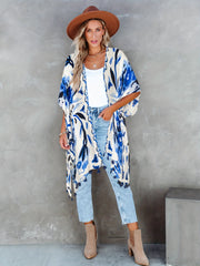 Floral Print Tassel Trim Batwing Sleeve Cover Up Kaftan