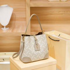 Beige Floral Bucket Bag for Women Zipper Closure Large Capacity
