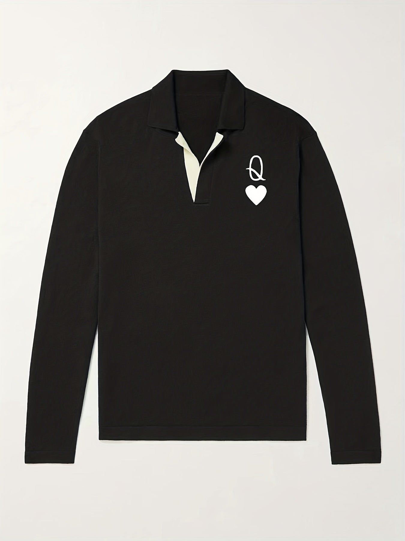 Heart Pattern Knit Polo Shirt Men's Stretch V Neck Sweater