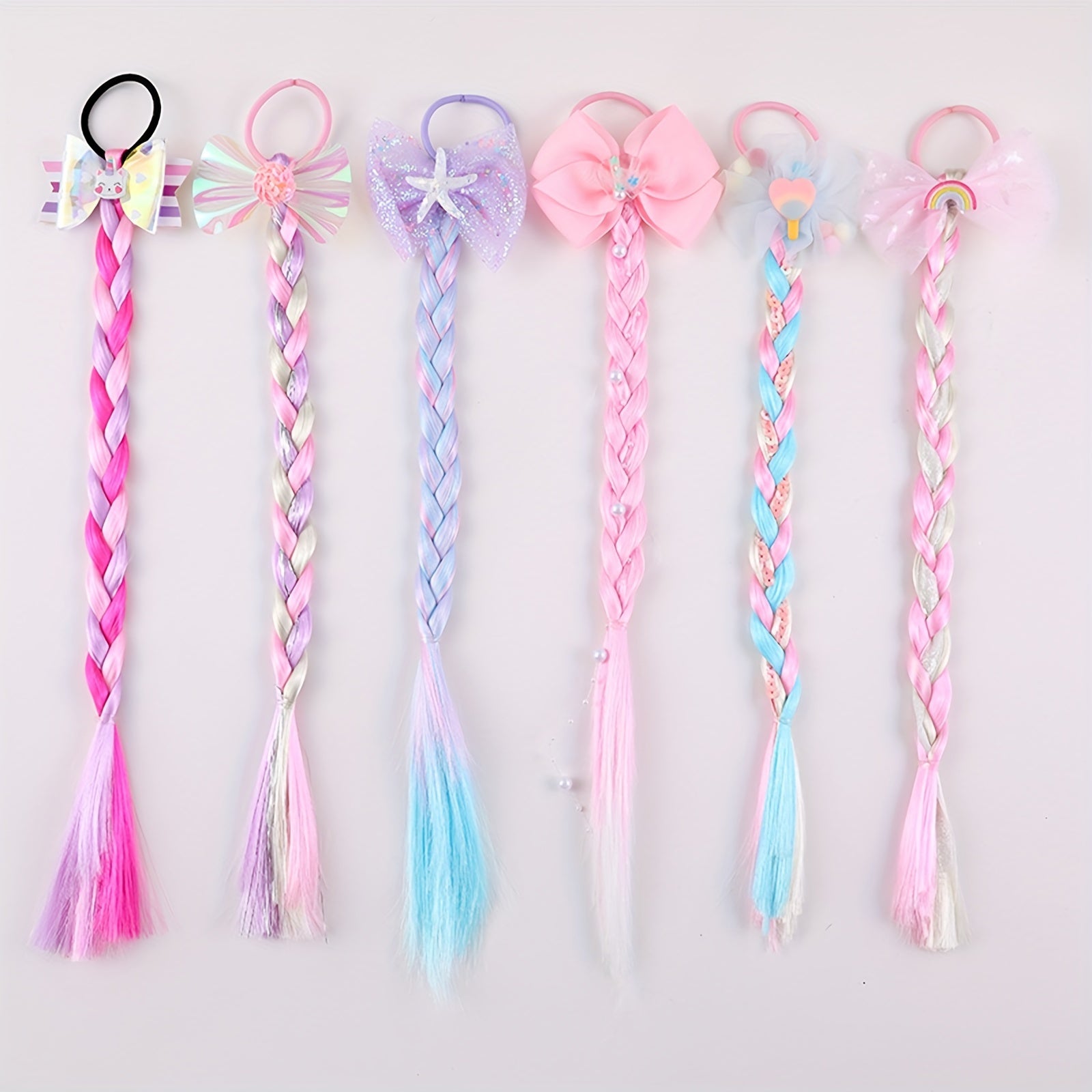 Rainbow Colored Braids Hair Extensions With Rubber Bands Bows