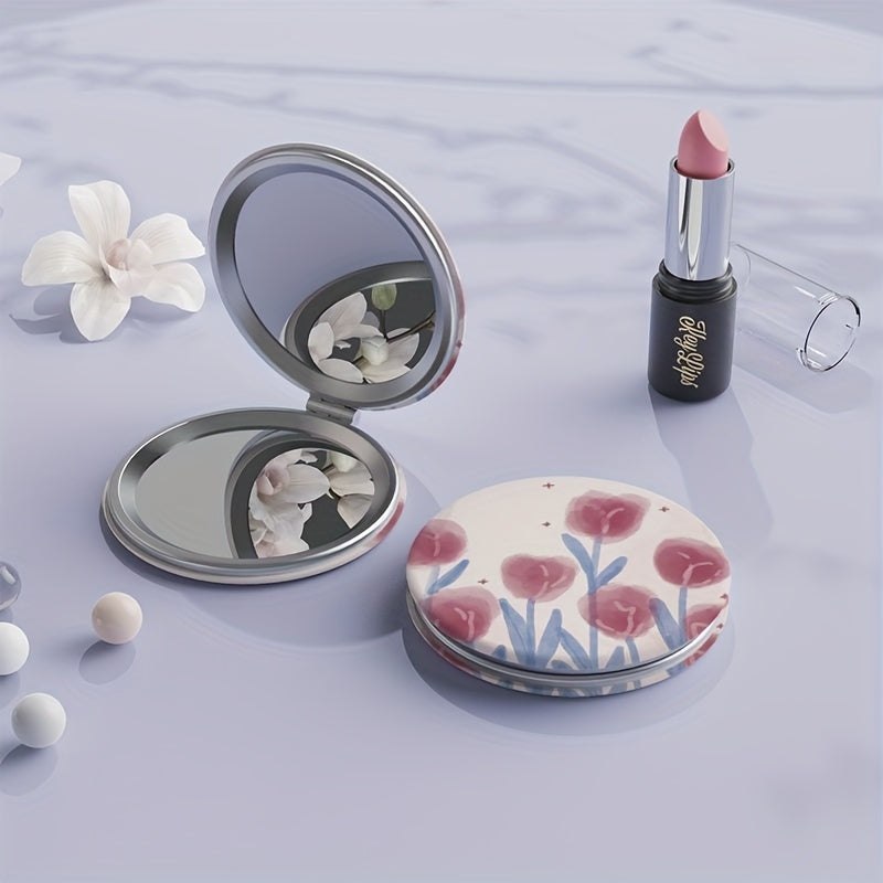 Tulip Pattern Round Folding Mirror with Magnifying Function
