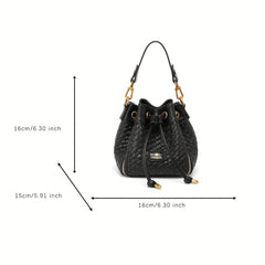 Mini Woven Drawstring Bucket Bag PU Crossbody Bag Women's Casual Shoulder Purse