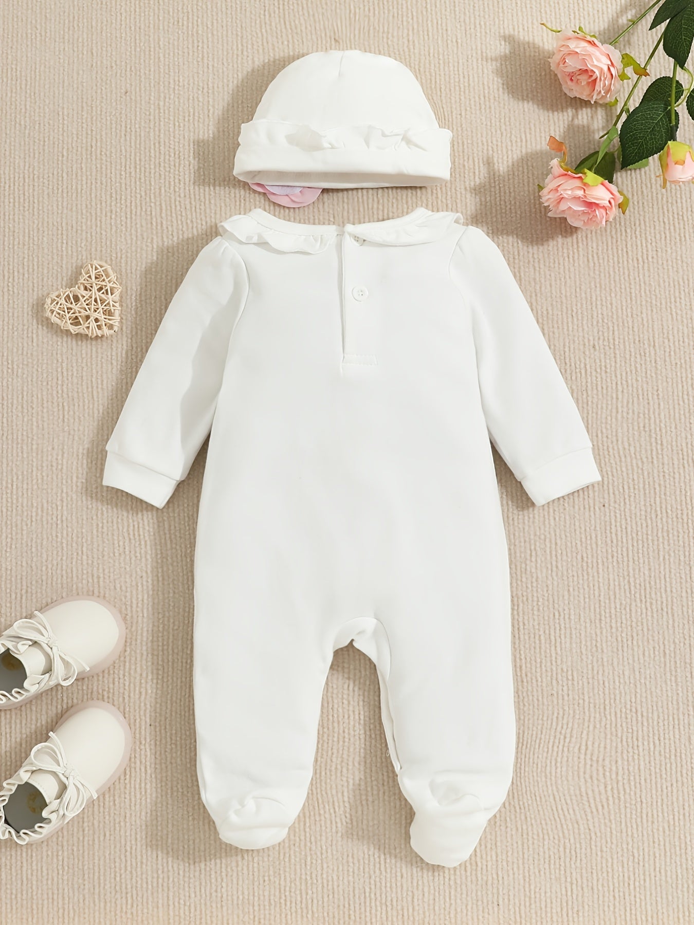 Baby Girls Cotton Footies Footed Jumpsuit Hat Ruffle Long Sleeve Romper