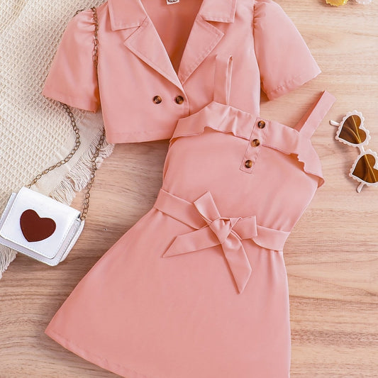 2pcs Girls Puff Sleeve Blazer & Belted Cami Dress