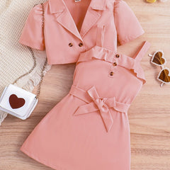 2pcs Girls Puff Sleeve Blazer & Belted Cami Dress