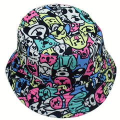 Cartoon Graffiti Print Bucket Hat Kitten Dog Pattern Sunshade Hat