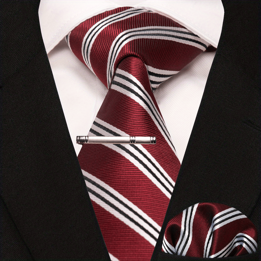 3pcs Striped Tie & Pocket Square Set with Tie Clip
