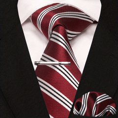 3pcs Striped Tie & Pocket Square Set with Tie Clip