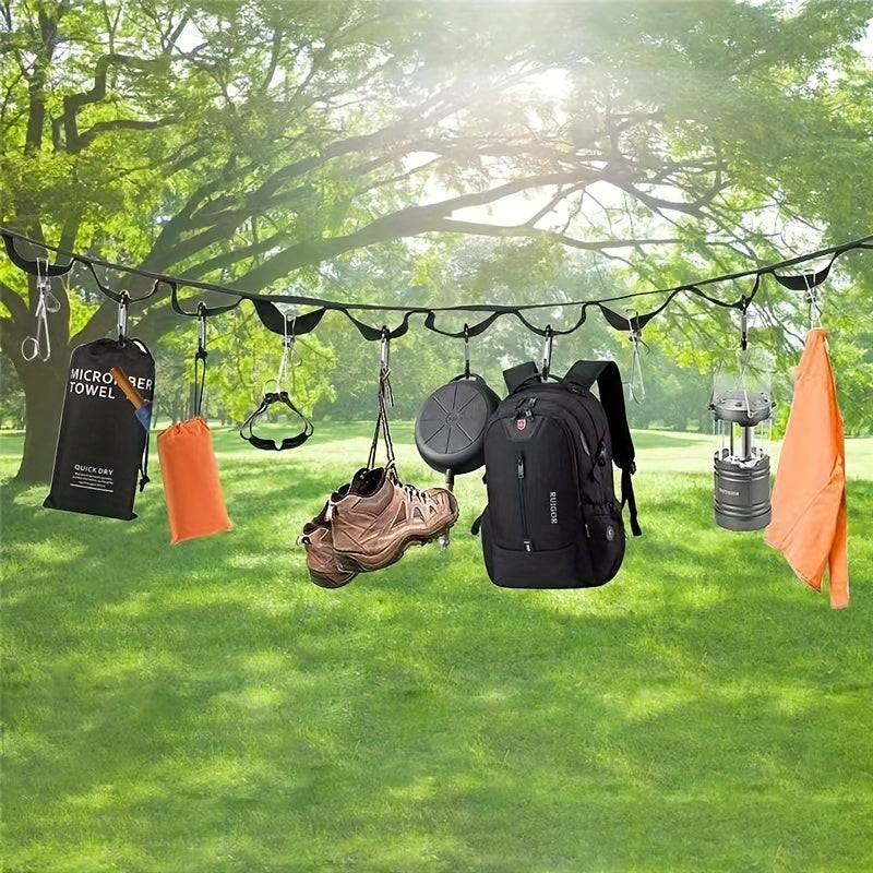 Outdoor Camping Clothesline With 19 Hooks and Mountaineering Buckle