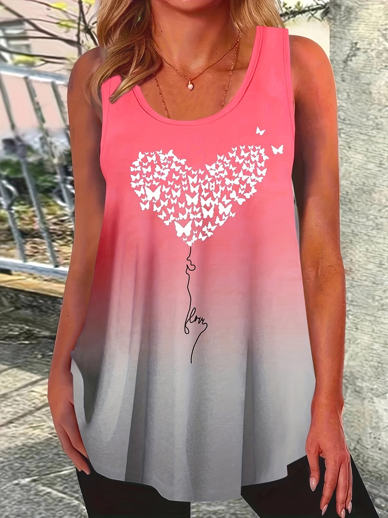 Butterfly Heart Print Gradient Tank Top