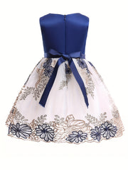 Girls Sleeveless Flowers Embroidery Mesh Princess Dress Gown