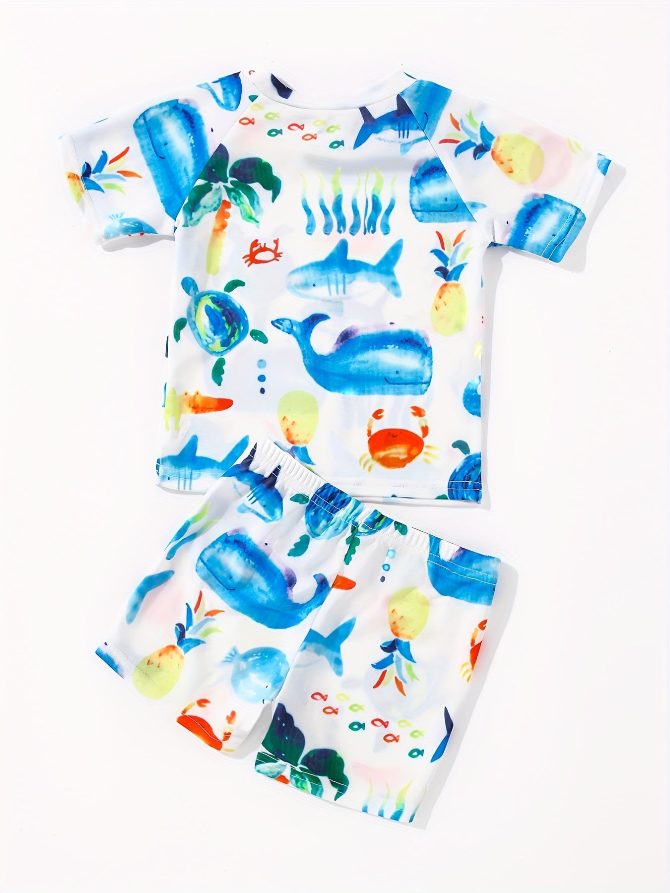 Boys Cartoon Whale Crab Sea Turtle Print Swimwear Set