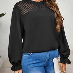 Plus Size Casual Blouse Women's Plus Solid Contrast Mesh Flounce Sleeve