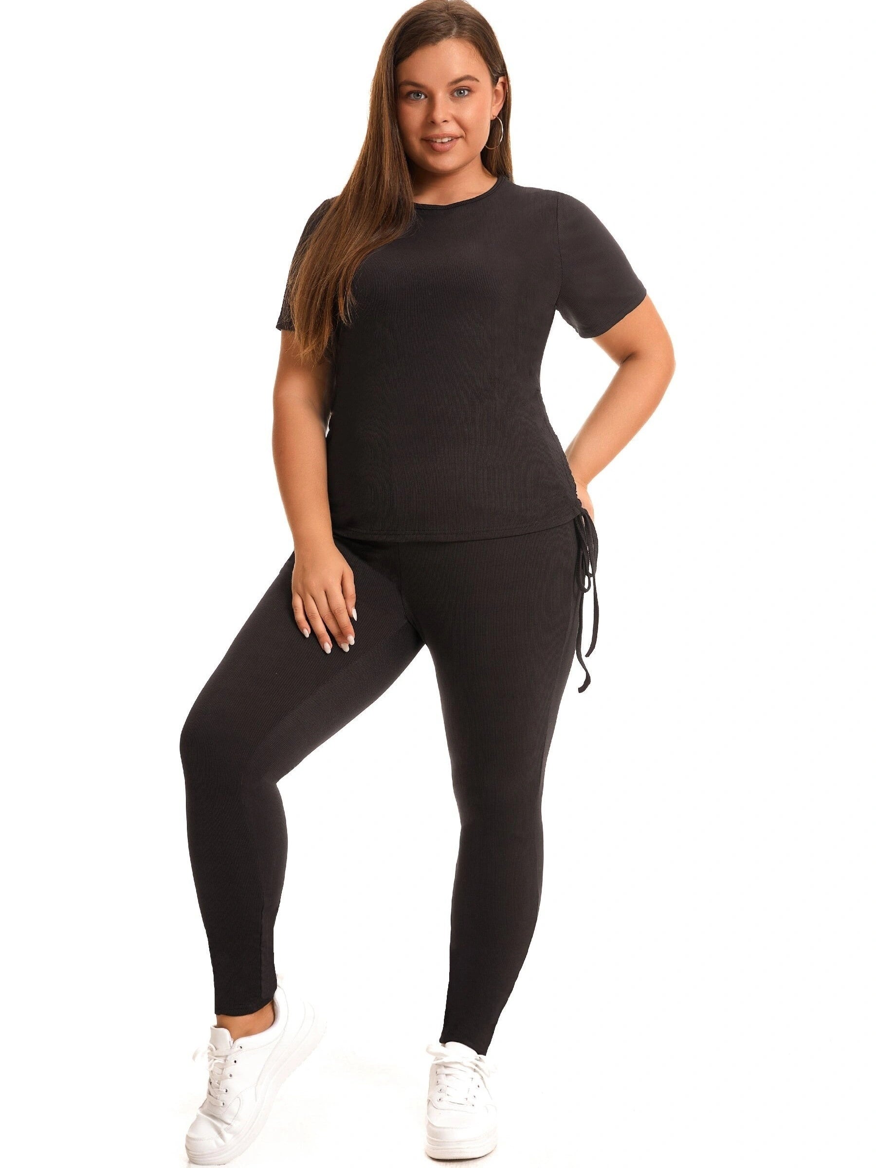 Side Drawstring Tee & Leggings Set Women's Plus Stretch Outfits