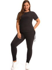 Side Drawstring Tee & Leggings Set Women's Plus Stretch Outfits