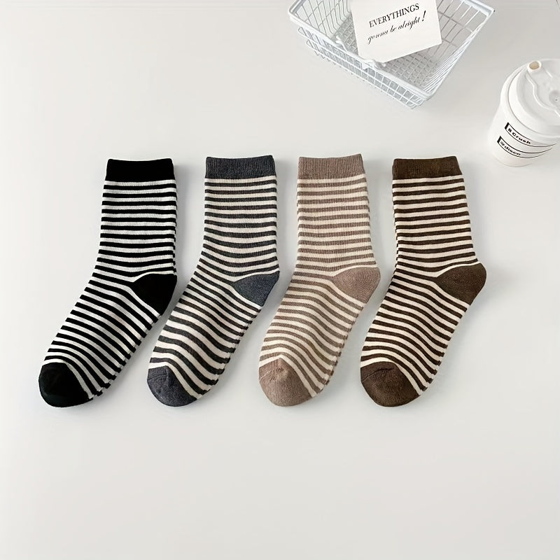 4 Pairs Striped Crew Socks Women's Stockings