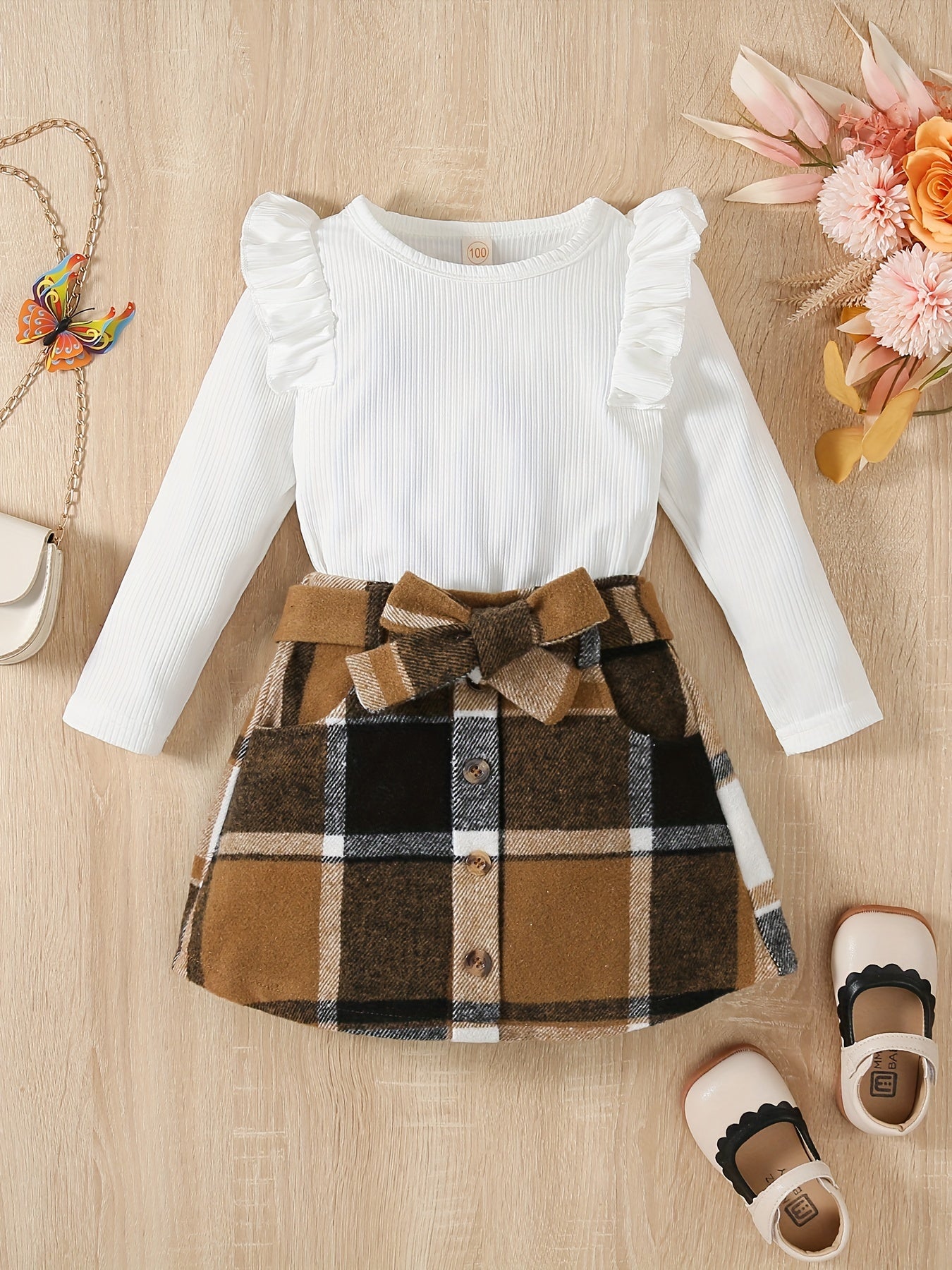 Baby Girls Knitted Ruffle Top & Plaid Skirt Set
