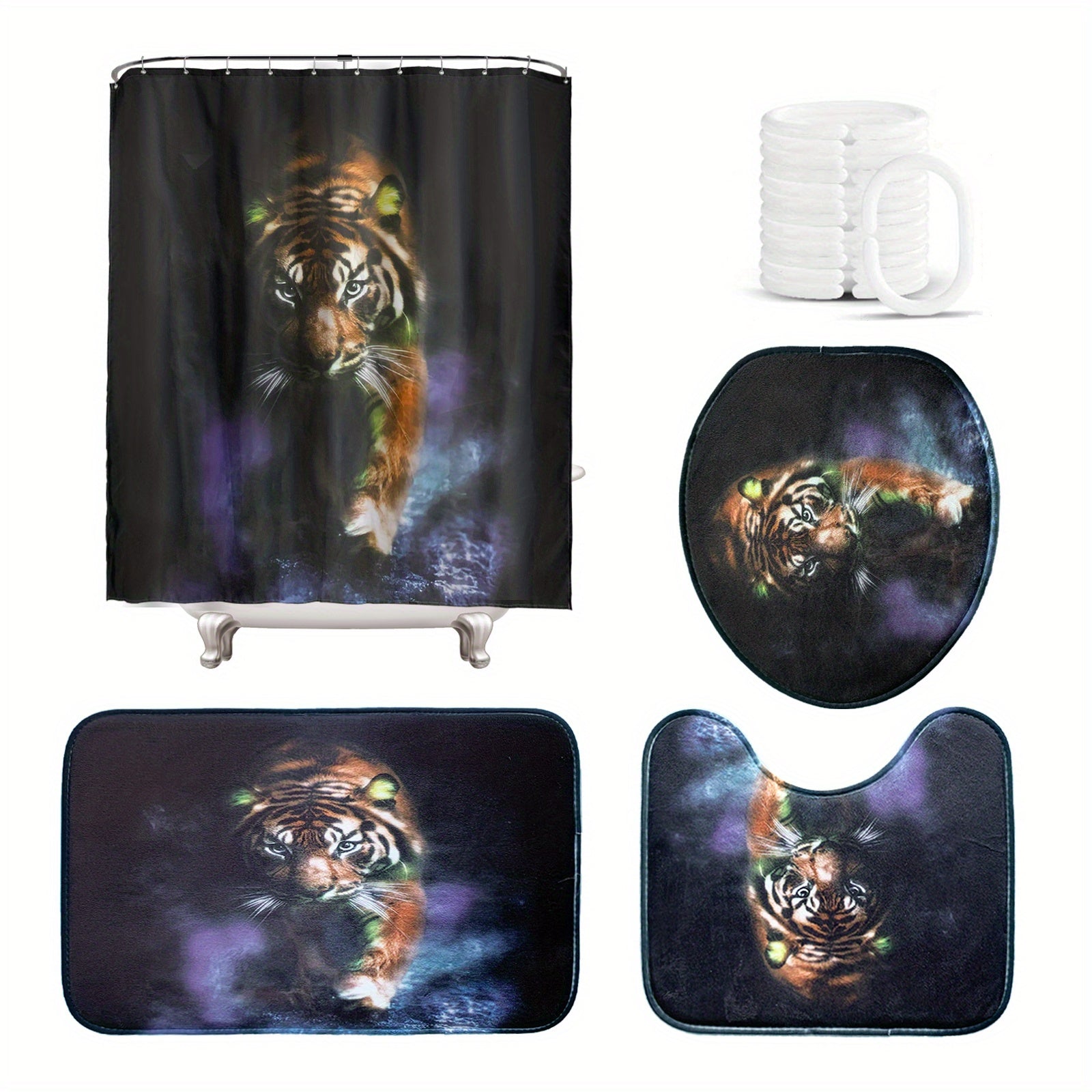 4pcs Shower Curtain Set Abstract Block Non Slip Bath Mat Toilet Lid Cover