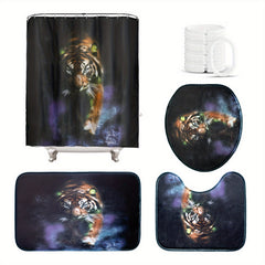 4pcs Shower Curtain Set Abstract Block Non Slip Bath Mat Toilet Lid Cover