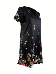 Women's Floral Print Lace Sleeve V Neck Dress