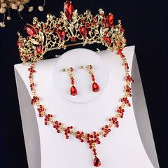 Red Rhinestone Crown Tiara Necklace Earrings Set