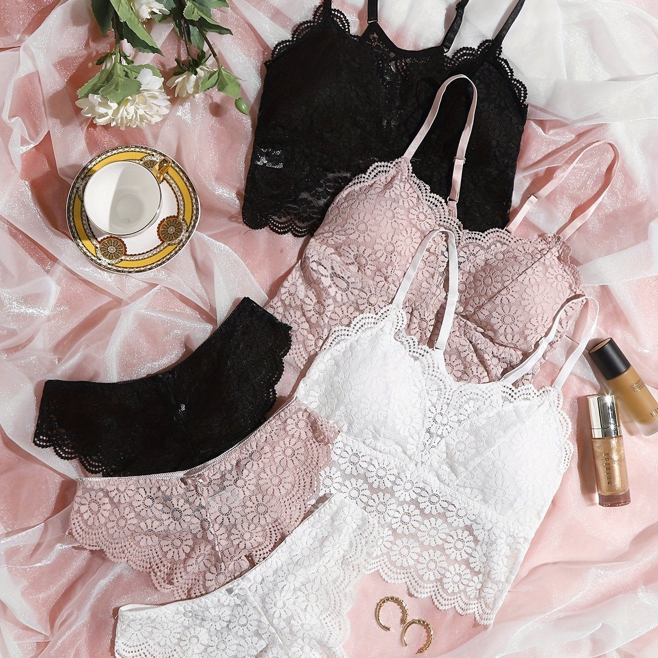 Floral Lace Bra & Panties Set Wireless Lingerie Women's Underwear