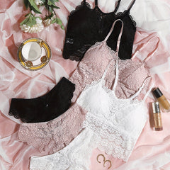Floral Lace Bra & Panties Set Wireless Lingerie Women's Underwear