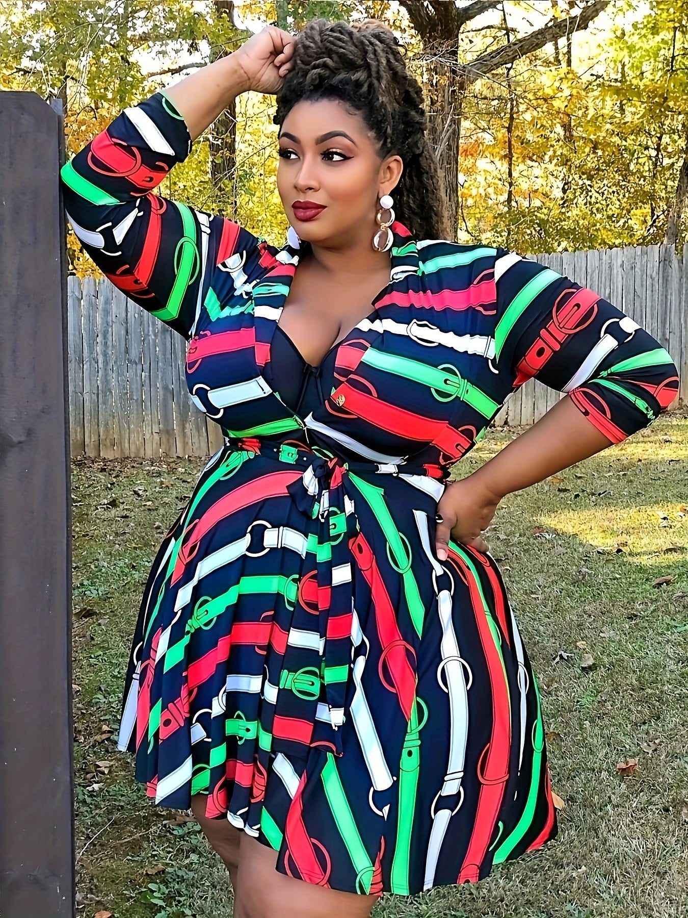 Dress Women's Plus Graphic Print Long Sleeve V Neck High Stretch Dress