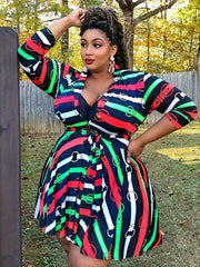 Dress Women's Plus Graphic Print Long Sleeve V Neck High Stretch Dress