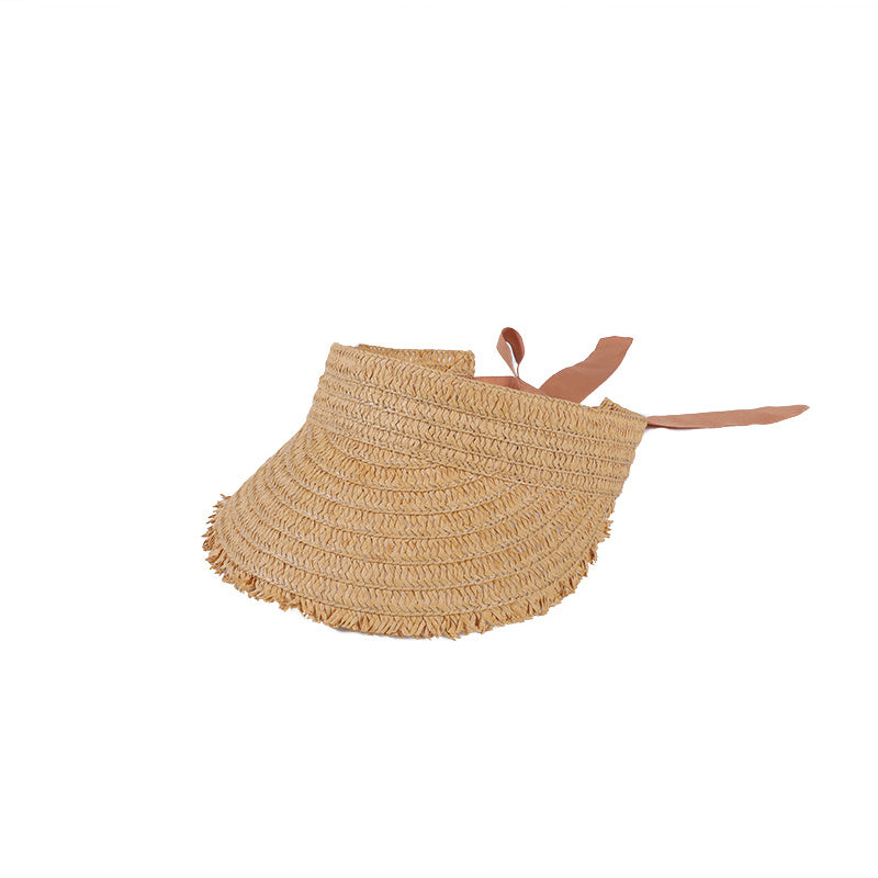 Women's Khaki Frayed Edges Visor Hat Lightweight Wide Brim Sunscreen Beach Cap