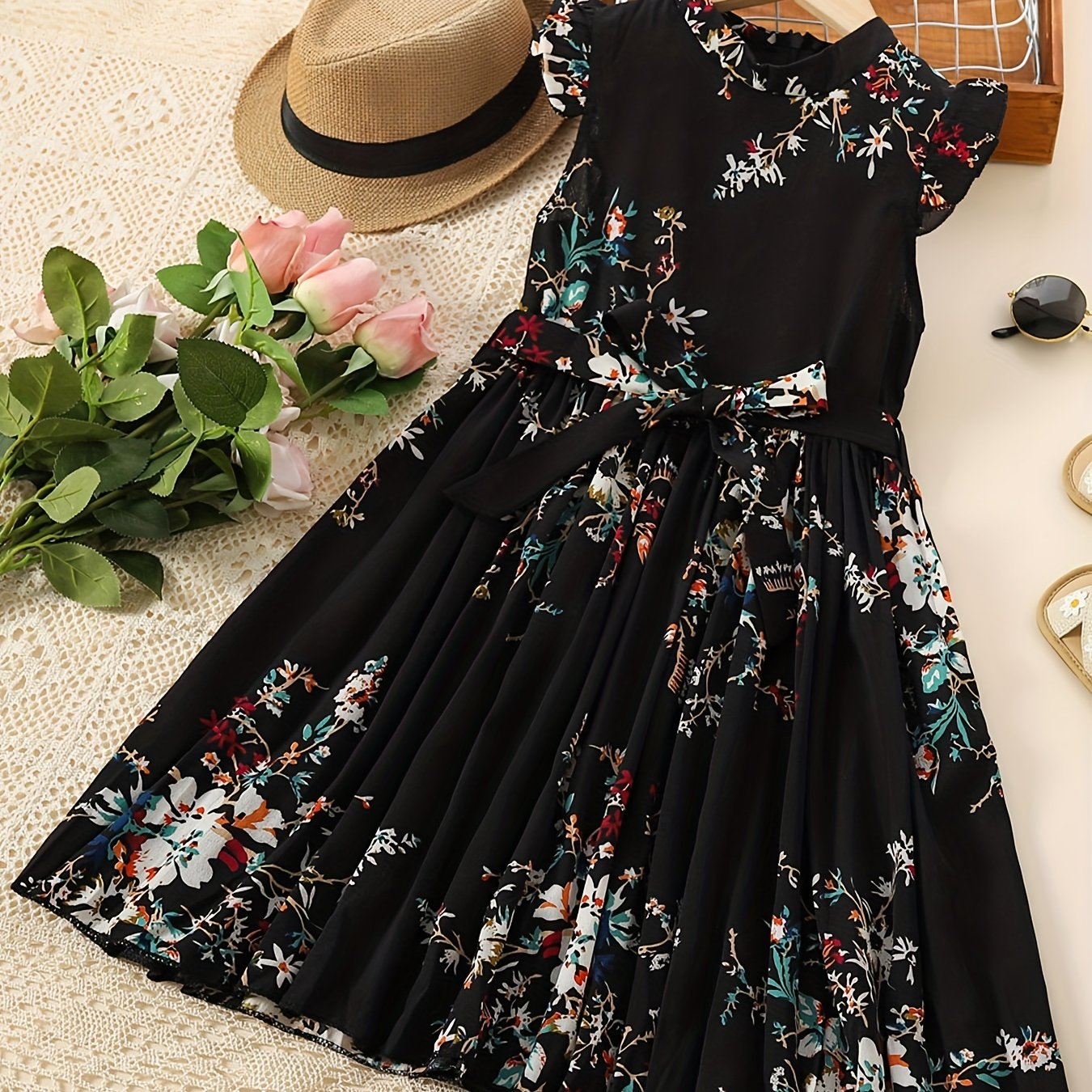 Girls Floral Print Bowknot Belt Pleated Dress for Party Vacation
