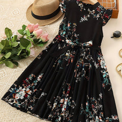 Girls Floral Print Bowknot Belt Pleated Dress for Party Vacation