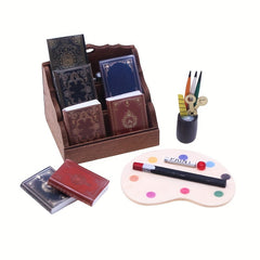 Wooden Dollhouse Storage Rack with Books and Desk Accessories