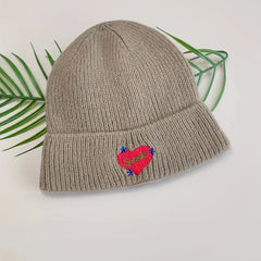 Heart Embroidery Khaki Beanie Casual Lightweight Warm Skull Cap Elastic Knitted