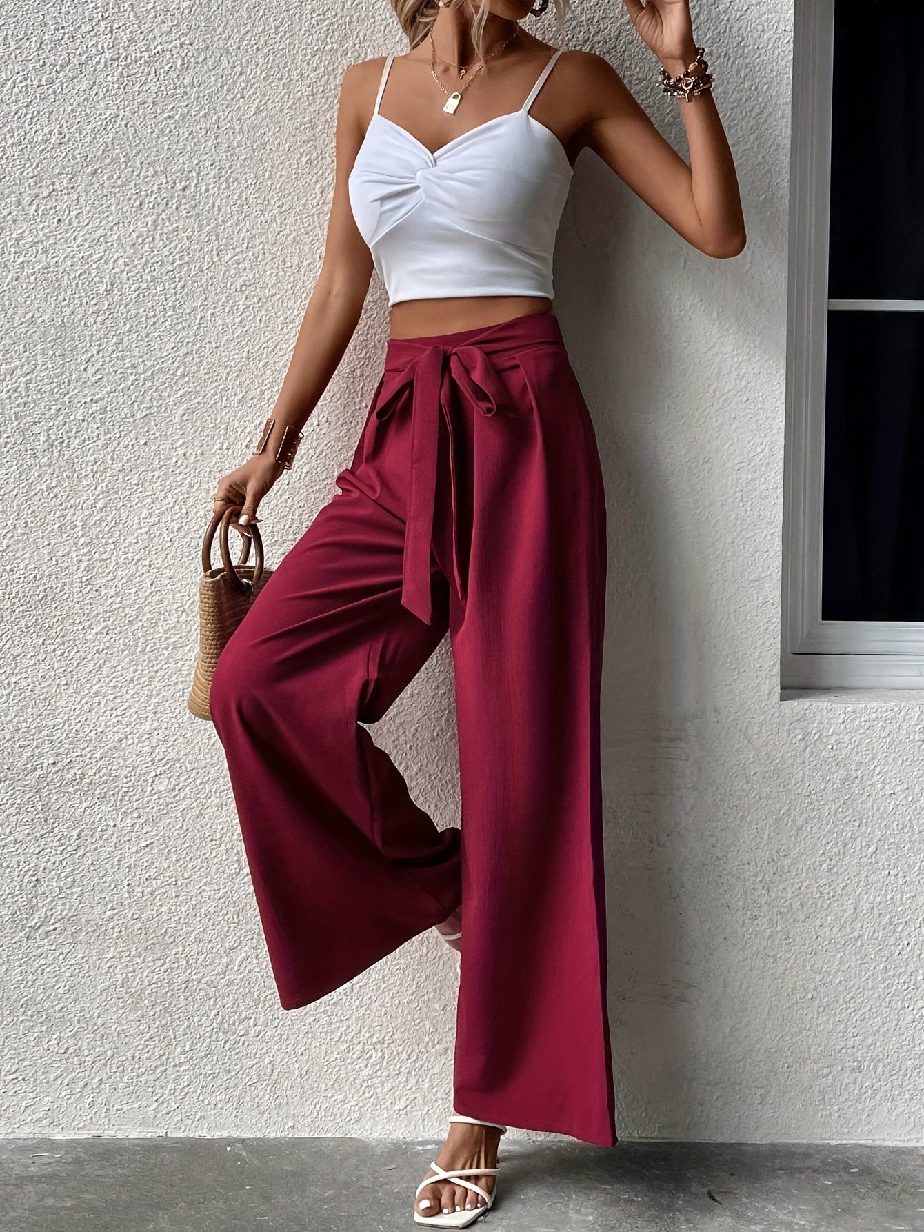 Wide Leg Pants Tie Waist Casual Style
