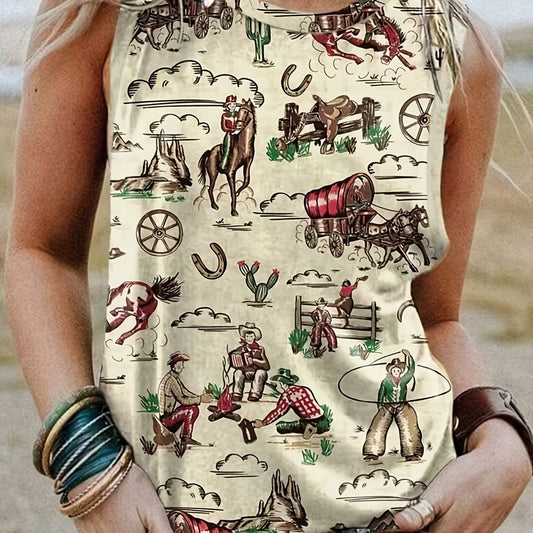 Cartoon Figure Cactus Print Tank Top Round Neck Medium Stretch Tank