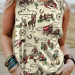 Cartoon Figure Cactus Print Tank Top Round Neck Medium Stretch Tank