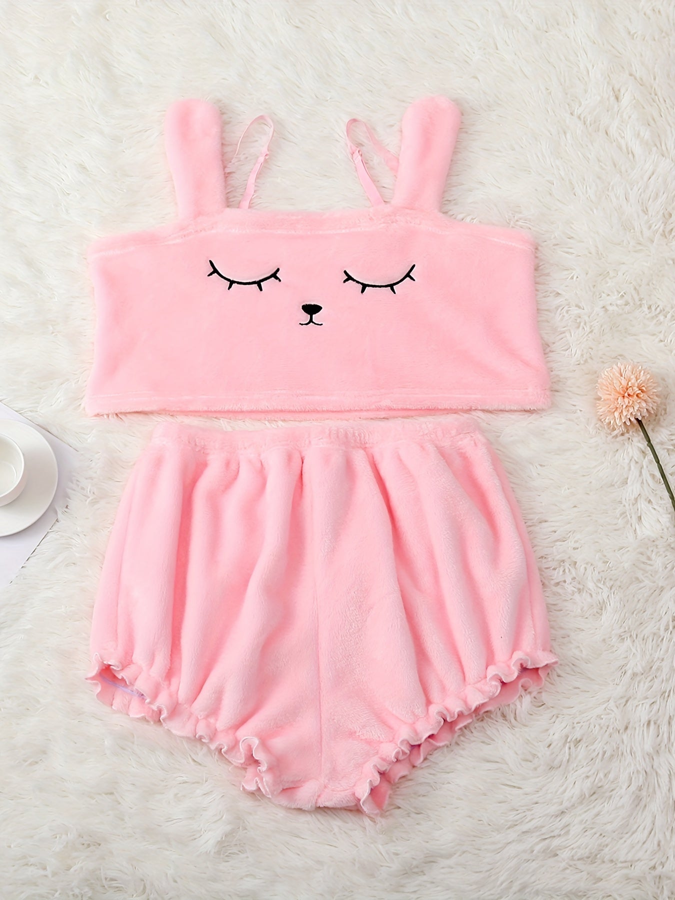 Cartoon Embroidery Pajama Set Plush Tank Top & Shorts
