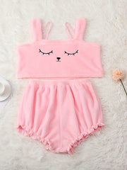 Cartoon Embroidery Pajama Set Plush Tank Top & Shorts