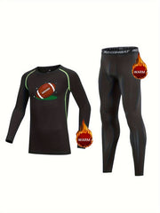 Kids Compression Fleece Sets Cartoon Rugby Print Crew Neck Pullover & Pants