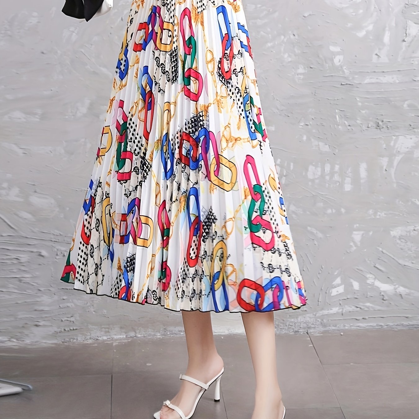 Scarf Print Elastic Pleated Maxi Skirt